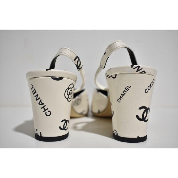 Chanel 23P Mademoiselle Coco Sling White Black CC Logo Slingback Sandal Heel 37 - Picture 11 of 12